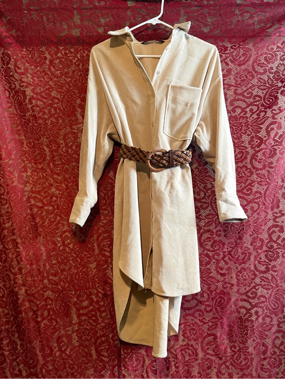 ZARA Corduroy Shirt Dress Beige Tan Ribbed Oversized Midi Tunic Sz XS